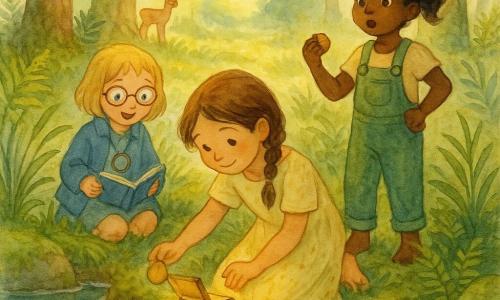 Há três meninas: Lia, 6 anos, cabelo castanho médio em trança solta, vestido amarelo-claro com manchas de pólen, ajoelhada à beira do lago olhando o reflexo e segurando um saquinho de sementes dourado; Clara, 6 anos, cabelo loiro curto, óculos redondos, jaqueta azul e lupa ao pescoço, sentada ligeiramente atrás e à esquerda de Lia com um caderno azul aberto; Joana, 6 anos, cabelo preto em rabo de cavalo, jardineira verde, mãos na cintura, em pé à direita de Lia com um biscoito pela metade. O cenário é um lago calmo como um espelho cercado por ervas altas, samambaias e bancos cobertos de musgo, alguns nenúfares e um pequeno cervo ao fundo perto de um arvoredo, luz dourada de fim de tarde filtrando pelas folhas. As três descobrem um pequeno caixote de madeira na margem; Lia abre-o cuidadosamente enquanto Clara e Joana observam surpresas e alegres. A atmosfera é suave, mágica e serena, com paleta aquarelada de amarelos, verdes suaves e azuis pálidos, traços delicados e contornos levemente desfocados.