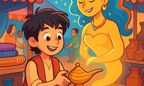 Aladdin, a 12-year-old boy, has messy black hair and sparkling curious eyes. He wears blue canvas pants and a red vest, with a wondrous smile on his face as he rubs an old metal lamp. Beside him, a luminous Genie floats in the air, with golden skin and brightly colored wavy hair, smiling kindly and surrounded by sparkling sparks. The flea market, filled with forgotten treasures, is lively with colorful stalls, shimmering fabrics, and antique objects. People pass by, chatting joyfully, while paper lanterns illuminate the place with a soft light. In this scene, Aladdin discovers the magic of the lamp, ready to make his first wish, his heart racing with excitement and hope.