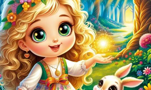 O fetiță de 6 ani, pe nume Ana, stă în centrul scenei, cu ochi mari strălucitori de curiozitate și un zâmbet radiant. Are părul blond auriu care îi cade în bucle în jurul feței vesele și poartă o rochie colorată împodobită cu flori. Ana ține în mâini o piatră magică care strălucește cu o lumină aurie, iluminându-i fața cu o strălucire caldă. Lângă ea, un iepuraș alb cu ochi sclipitori, care pare să aibă aproximativ 3 ani în ani umani, stă pe picioarele din spate. Se uită la Ana cu o expresie încurajatoare, pregătit să o însoțească în aventură. În fundal, o pădure fermecată se întinde până la orizont, cu copaci cu trunchiuri groase și frunze de un verde strălucitor. Flori multicolore cresc pe sol, iar razele soarelui pătrund prin frunziș, creând o atmosferă magică și luminoasă. Situația principală arată cum Ana și iepurașul se pregătesc să intre într-o peșteră misterioasă, unde o lumină aurie strălucește în depărtare, simbolizând speranța și magia. Sunt înconjurați de energia vibrantă a pădurii, pregătiți să facă față provocărilor care îi așteaptă în căutarea lor de a salva satul.