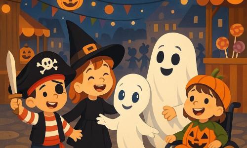 Vier Kinder, zwei Jungen und zwei Mädchen, stehen zusammen auf einem belebten Platz für Halloween. Max, ein 7-jähriger Junge, trägt ein Piratenkostüm mit einem schwarzen Hut und einem Plastikschwert und lächelt begeistert. Mia, ein 6-jähriges Mädchen, ist als hübsche kleine Hexe verkleidet, mit einem schwarzen Kleid und einem spitzen Hut, und lacht fröhlich. Leo, ein 7-jähriger Junge, ist ein lustiger Geist, der in einem weißen Laken mit gezeichneten Augen gekleidet ist und leicht über dem Boden schwebt. Sophie, ein 6-jähriges Mädchen, ist ein fröhlicher kleiner Kürbis, der in ihrem Rollstuhl, der mit Herbstblättern dekoriert ist, sitzt und ein großes Lächeln auf ihrem Gesicht hat. Die Szene spielt auf einem festlichen Platz, beleuchtet von Kürbislaternen und bunten Girlanden. Spielstände und Süßigkeiten sind überall verteilt, und Kinder lachen und tanzen unter einem sternenklaren Himmel, mit einem großen Baum mit goldenen Blättern im Hintergrund. Die vier Freunde entdecken einen kleinen Geist namens Casper, der sich einsam und schüchtern fühlt. Gemeinsam laden sie ihn ein, sich ihren Spielen anzuschließen, und schaffen so eine schöne Freundschaft, während sie Halloween mit Freude und Lachen feiern.