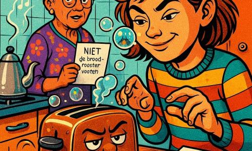 Een 12‑jarige meisje, Linde, kijkt ondeugend en zelfverzekerd met opgekrulde wenkbrauwen en een halve glimlach, halflang lichtbruin warrig haar, kleurig gestreepte trui en handen dicht bij een oud koperen broodrooster alsof ze het heeft uitgedaagd; op de achtergrond staat haar grootmoeder (ongeveer 70), wit haar in een knotje, ronde bril en bloemenjurk, met een boodschappenlijst waarop “NIET de broodrooster voeren” te lezen is, verbaasd maar geamuseerd; op de voorgrond een antropomorf broodrooster, koperen en licht deukig, met spleten waaruit doorschijnende bubbels met kleine lichtjes ontsnappen, een klein rooksnorretje en een grommende uitdrukking; links een waterkoker op het fornuis die stoom in muzieksymbolen vormt; de kleine gezellige keuken heeft lichtblauwe tegels, versleten houten werkblad, een ronde houten tafel met de boodschappenlijst en een deurbel bij de achterdeur; hoofdactie: Linde heeft net op de magische broodrooster gedrukt en er komen fonkelende bubbels met mini‑landschapjes uit, één bubble barst vlak bij haar neus en geeft een kaneelgeur vrij, sfeer grappig, verwonderd en licht fantastisch.