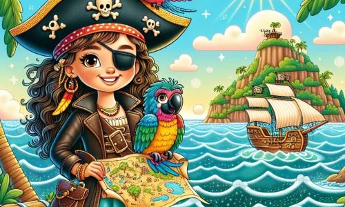 Clara, die mutige Kapitänin, ist eine junge Frau mit langen lockigen Haaren und einem strahlenden Lächeln. Sie trägt einen Piratenhut mit bunten Federn und eine Lederjacke, während sie aufgeregt eine Schatzkarte hält, ihre Augen sprühen vor Entschlossenheit. An ihrer Seite fliegt Polly, ein kleiner bunter Papagei, fröhlich um sie herum und bringt einen Hauch von Schalk in die Szene. Im Hintergrund glitzert das Meer unter der Sonne, mit sanften Wellen und einem blauen Himmel, der mit weißen Wolken gesprenkelt ist. Die alte Schatzinsel, bedeckt mit grünen Palmen und Felsen, erhebt sich majestätisch, mit einem großen Baum in der Mitte, unter dem eine Schatztruhe versteckt ist. Die Hauptsituation zeigt Clara und Polly, bereit, den vergrabenen Schatz zu entdecken, mit einem Ausdruck von Aufregung und Abenteuer auf ihren Gesichtern, während der Wind die Segel des Piratenschiffs im Hintergrund wehen lässt.