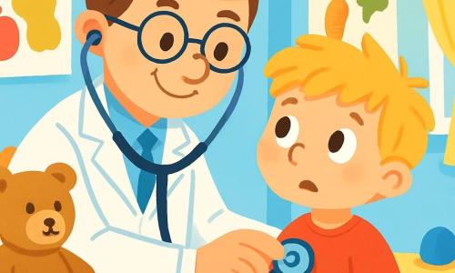Mężczyzna, doktor Tomek, uśmiechnięty i życzliwy, nosi duży biały płaszcz i stetoskop na szyi. Ma brązowe włosy i okrągłe okulary. Uważnie słucha serca małego chłopca, który ma około 6 lat, z rozczochranymi blond włosami i czerwoną koszulką. Chłopiec, trochę zaniepokojony, ale ciekawy, patrzy na doktora wielkimi oczami. Scena rozgrywa się w jasnym gabinecie lekarskim, z błękitnymi ścianami, kolorowymi plakatami owoców i warzyw oraz zabawkami porozrzucanymi po podłodze. Na stole czeka pluszowy miś na swoją kolej. Doktor Tomek uspokaja małego chłopca, pokazując mu, jak działa stetoskop, tworząc chwilę zaufania i radości.