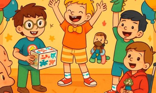Hay 4 niños: - Nicolás: un niño de 10 años, con cabello castaño desordenado y gafas redondas. Lleva una camiseta azul con un dibujo de superhéroe y sostiene una caja decorada con dibujos coloridos. - Diego: un niño de 10 años, con cabello rubio y una gran sonrisa. Lleva una pajarita brillante y pantalones cortos a rayas, y agita los brazos como si estuviera bailando. - Roberto: un niño de 10 años, con cabello negro y pecas. Lleva una camiseta verde y calcetines con patrones, y sostiene un calcetín-marioneta en forma de dragón sobre su cabeza. - Lucas: un niño de 10 años, en silla de ruedas, con cabello castaño y una cara sonriente. Lleva una sudadera roja y sostiene una figura de plastilina de su papá en sus manos. Los niños están en un escenario colorido, rodeados de globos multicolores y guirnaldas de papel. El fondo está decorado con dibujos de estrellas y corazones, y padres sentados en sillas aplauden con sonrisas alegres. La situación principal muestra a los niños presentando su regalo especial para el Día del Padre, un kit de superhéroes hecho a mano, con risas y alegría. Cada niño muestra orgullosamente su creación, mientras los papás los miran con admiración y diversión.