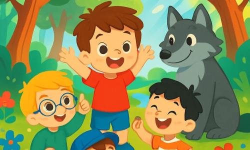 Hay 5 personajes: Lucas, un niño de 3 años con cabello castaño desordenado, lleva una camiseta roja y un pantalón corto azul; Mateo, un niño de 3 años con cabello rubio y gafas redondas, viste un suéter verde y pantalones beiges; Pablo, un niño de 3 años con cabello negro y pecas, lleva una camisa a rayas y un pantalón corto naranja; Simón, un niño de 3 años con cabello castaño y una gorra azul, está sentado en el suelo rodeado de flores coloridas, jugando con una pequeña piedra; y un lobo grande y gris con ojos verdes brillantes, que observa a los niños con curiosidad. El escenario es un hermoso bosque mágico, lleno de árboles altos y hojas brillantes, con flores multicolores en el suelo y un arroyo que brilla bajo el sol. Los niños juegan juntos con el lobo, riendo y compartiendo bayas, formando un círculo con los brazos levantados en señal de alegría, mientras el lobo sonríe cálidamente.
