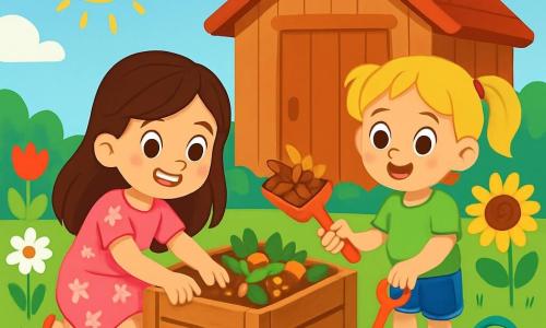 Există două personaje principale: - Lara: o fetiță de 7 ani, cu păr lung și brunet și ochi strălucitori. Ea poartă o rochie roz cu flori și sandale galbene. Este așezată în genunchi, zâmbind, amestecând resturi de plante într-un compostor din lemn. - Andreea: o fetiță de 7 ani, cu păr blond și două codițe. Ea poartă un tricou verde și o pereche de pantaloni scurți din denim. Se află în picioare lângă Lara, ținând o lopată din plastic colorată, pregătită să adauge frunze uscate la compost. Acțiunea se desfășoară într-o grajd de grădină plin de flori strălucitoare, precum lalele roșii, margarete albe și floarea-soarelui galbene. Cerul este albastru cu câțiva nori albi pufoși, iar soarele strălucește, iluminând scena cu o lumină caldă. Situația principală arată cum Lara și Andreea creează compost, înconjurate de resturi de plante și frunze. Ele sunt vesele și entuziaste, pregătite să ajute natura, cu unelte de grădinărit colorate în jurul lor.