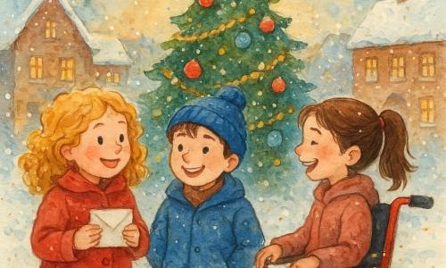Ci sono 3 personaggi: Anna, una bambina di 8 anni con capelli biondi ricci e guance rosse, indossa un cappotto rosso e tiene una busta bianca piena di lettere. È a sinistra dell'immagine. Leo, un ragazzo di 8 anni con un cappello blu con pompon, ha i capelli castani e sorride guardando Anna. È al centro dell'immagine. Sara, una bambina di 8 anni con capelli castani legati in una coda di cavallo, è seduta su una piccola sedia a rotelle rossa decorata con luci scintillanti. È a destra dell'immagine. Il luogo è la piazza centrale del villaggio di Boscochiaro, coperta di neve scintillante. Un grande albero di Natale si erge al centro, decorato con palline colorate e ghirlande dorate. Intorno, case di mattoni con tetti innevati e finestre illuminate creano un'atmosfera accogliente. La scena principale mostra i tre amici davanti all'albero, mentre ridono e chiacchierano allegramente. La neve cade dolcemente intorno a loro, aggiungendo un tocco magico alla scena. Un piccolo cane bianco e nero li osserva curiosamente, aggiungendo una nota di allegria all'illustrazione.