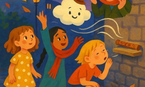 Ci sono 5 personaggi: Lalia, bambina di 6 anni coi capelli castano chiaro ricci a ciocche, vestito giallo a pois bianchi, a sinistra che guarda meravigliata la flauto sul muro; Mina, bambina di 6 anni coi capelli neri in treccia e una lunga sciarpa rossa, al centro con la mano ancora alzata come se la sciarpa si fosse appena sollevata; Berta, bambina di 6 anni coi capelli biondi corti e ginocchia un po' sporche, a destra accovacciata che soffia ridendo verso il flauto; il Signor Pipistrello, uomo anziano dalla pelle rugosa con piccolo cappello tondo, sullo sfondo che tiene la sciarpa arrotolata sulla testa come una corona e sorride; una piccola nuvola rotonda con un piccolo cappello fluttua sopra il flauto sorridendo. Ambientazione: corte di quartiere al crepuscolo con pavé irregolari, vecchio muro di pietra e mensola con flauto di legno scolpito a motivi di foglie, case con finestre aperte e tende colorate, lampioni a luce calda e qualche foglia che svolazza. Situazione: il flauto suona una nota chiara rappresentata da linee bianche di vento, la nuvoletta esce cantando e la sciarpa rossa vola verso il Signor Pipistrello, espressioni di gioia e stupore sulle tre bambine, palette a gouache vivace e atmosfera fantastica e umoristica.