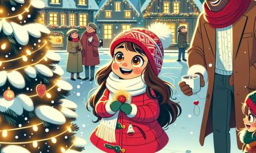 Una ragazza di 11 anni, Sofia, con lunghi capelli castani e guance arrossate dal freddo, sorride con meraviglia mentre ammira un grande albero di Natale illuminato al centro della piazza del villaggio. Indossa un cappotto rosso vivo, una sciarpa di lana bianca e un berretto con pompon, i suoi occhi brillano di gioia ed eccitazione. Accanto a lei, suo padre, un uomo di circa quarant'anni con barba bruna e occhiali, ride tenendo una tazza di cioccolata calda fumante, mentre sua madre, una donna di circa trent'anni con capelli castani e un sorriso caloroso, appende delle ghirlande sull'albero. Il luogo è una piazza affascinante, circondata da case in legno decorate con luci scintillanti, con la neve fresca che ricopre il suolo, creando un paesaggio incantevole. La scena principale mostra Sofia e la sua famiglia riuniti attorno all'albero, condividendo risate e calore, mentre i fiocchi di neve cadono dolcemente intorno a loro, creando un'atmosfera magica e festosa.