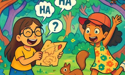 Hay 2 personajes principales: Clara, una niña de 10 años con largos cabellos castaños y gafas redondas, que lleva una camiseta amarilla brillante y un short de mezclilla, riendo mientras sostiene un viejo trozo de papel, el misterioso mapa del tesoro; y Lucía, también de 10 años, con cabello rizado y una gorra roja, vestida con un vestido de flores coloridas y zapatillas blancas, corriendo tras una ardilla pequeña, con los brazos levantados de emoción. La escena transcurre en el Bosque de las Bromas, un lugar encantado lleno de árboles torcidos, hojas brillantes de varios colores, flores multicolores y arroyos relucientes. Los pájaros de plumas brillantes cantan melodías alegres, mientras pequeñas criaturas como ardillas y conejos juegan a su alrededor. La situación principal muestra a Clara y Lucía en plena aventura, riendo mientras intentan atrapar una ardilla traviesa que les dio una pista para encontrar el tesoro, rodeadas de risas y bromas, creando una atmósfera alegre y lúdica.