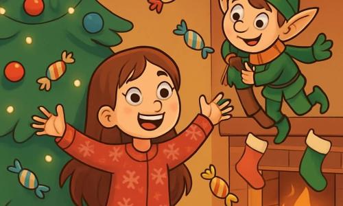 Una niña de 10 años, con largos cabellos castaños y ojos brillantes de curiosidad, está bajo un gran árbol de Navidad decorado con luces centelleantes y bolas de colores. Lleva un pijama rojo con motivos de copos de nieve y muestra una sonrisa maravillada, con los brazos en alto, como si hubiera descubierto un secreto mágico. A su lado, un duende travieso, pequeño y juguetón, con un sombrero verde puntiagudo y una cara risueña, se agarra a una rama del árbol, listo para hacer una nueva broma. La escena tiene lugar en una sala acogedora, con paredes adornadas con guirnaldas luminosas, donde la chimenea crepita suavemente y hay medias de colores colgadas arriba. La situación principal muestra a la niña y al duende en plena acción, rodeados de caramelos voladores que bailan a su alrededor, mientras ríen juntos, creando un ambiente alegre y festivo, lleno de magia navideña.
