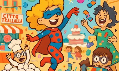 Matilde, una giovane con capelli ricci e dorati, indossa un costume da supereroina rosso e blu a pois, con un grande sorriso malizioso. Danza gioiosamente, circondata da bolle colorate che fluttuano, mentre un tocco di magia brilla nell'aria. Il Dottor Spuntino, un uomo di circa trent'anni con occhiali tondi e un cappello da cuoco, sta cadendo in una montagna di marshmallow, sorpreso e divertito. La Contessa delle Calze Bucate, una donna di circa quarant'anni con capelli disordinati e un vestito a motivi di calzini, lancia calzini colorati ridendo, mentre Gufoman, un ragazzo timido di circa 10 anni, si nasconde dietro una scatola di caramelle, con gli occhi spalancati per la curiosità. La scena si svolge in una piazza animata di Città Trallallà, decorata con festoni colorati e stand di dolci, dove i bambini ridono e danzano attorno a una grande fontana a forma di torta. Matilde, con la sua energia contagiosa, coinvolge tutti in una danza gioiosa, trasformando la piazza in una festa splendente di risate e colori.