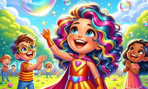 Lila, o fetiță cu părul creț și colorat, poartă un costum strălucitor de super-erou cu o pelerină fluturând. Ea zâmbește larg, exprimând bucurie și entuziasm în timp ce suflă pentru a crea baloane de săpun uriașe care plutesc în aer. Lângă ea, Andrei, un băiat de 8 ani cu ochelari și păr castaniu, râde încercând să prindă un balon gigantic care scapă. Mira, o fetiță de 7 ani cu păr drept și negru, poartă o rochie colorată și aplaudă, încântată de baloane. Scena are loc într-un parc însorit, plin de flori strălucitoare și copaci verzi, cu copii jucându-se și râzând în jur. La fundal, un cer albastru deschis și nori pufoși contribuie la atmosfera veselă. Situația principală o arată pe Lila creând baloane de săpun magice care se ridică în cer, aducând bucurie și râsete tuturor copiilor prezenți la festival.