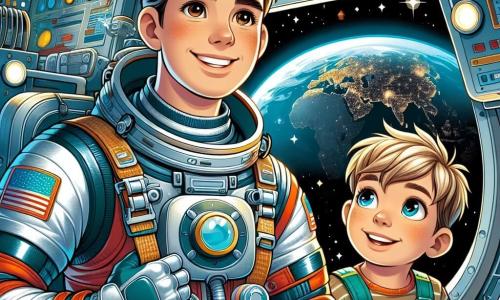 Ein Astronaut namens Max, mit einem warmen Lächeln, schwebt im Weltraum, gekleidet in einen eleganten, bunten Raumanzug, seine braunen Haare leicht zerzaust durch die Schwerelosigkeit. Seine Augen strahlen vor Aufregung, während er einem etwa 8-jährigen Jungen namens Leo, der blonde Haare und leuchtende Augen hat, die Wunder der Raumstation zeigt. Leo, in einem kleineren Raumanzug gekleidet, schaut fasziniert durch ein großes Fenster, durch das die kleine, bunte Erde im Hintergrund sichtbar ist. Die Szene spielt sich in einer futuristischen Raumstation mit silbernen Wänden und leuchtenden Kontrollpanelen ab, die in der schwarzen Weite des Weltraums schwebt. Wissenschaftliche Geräte und Experimente schweben um sie herum und verleihen der Umgebung einen Hauch von Magie. Die Hauptsituation zeigt Max und Leo, die gemeinsam die Schönheit des Universums durch das Fenster entdecken, während funkelnde Sterne und bunte Planeten im Hintergrund erscheinen und das Staunen und das Abenteuer der Weltraumforschung illustrieren.
