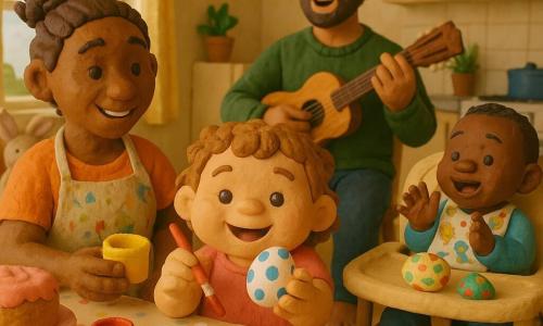 A joyful, chubby 2-year-old girl with short curly light-brown hair and bright round eyes holds a small red-painted brush and dots blue paint onto a white egg; her smiling ~30-year-old mother with tied-up hair and a colorful paint-stained apron leans in from the left offering a pot of yellow paint, while a bearded ~30-year-old father in a green sweater sits at the rear right playing a small wooden guitar and singing, and a clapping ~1-year-old little brother in a high chair with an animal bib watches a painted egg before him; the warm, bright kitchen features a light wood table with a polka-dot cloth, vivid paint pots, plates of colored eggs, a round cake with pink icing, an open window with a breeze and mini flags, and a plush bunny on a chair—an intimate, welcoming family Easter egg-painting moment centered on the girl with the glowing egg.