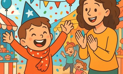 A 4-year-old boy, Milo, with a big beaming smile and sparkling eyes, is wearing a small blue starry hat and a red polka-dotted scarf. He joyfully dances, raising his arms in the air, surrounded by colorful confetti falling like snowflakes. Next to him, his mom, a woman in her thirties with curly brown hair, encourages him with a warm smile, clapping enthusiastically. The setting is a lively street decorated with bright garlands, floating balloons, and flags dancing in the wind. Food stalls with sweet treats are visible in the background, adding a festive touch. The main scene shows Milo singing and dancing in the middle of a carnival parade, surrounded by joyful music, laughter, and vibrant colors, while children and adults dance and have fun around him.