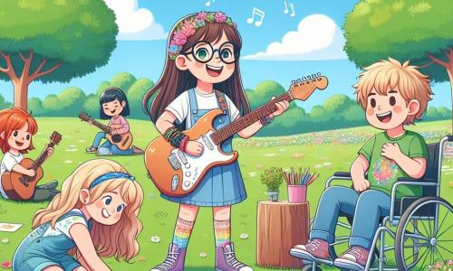 Dziewczynka w wieku 10 lat, z długimi brązowymi włosami i okularami, radośnie się uśmiecha, trzymając gitarę elektryczną, a jej oczy błyszczą pewnością siebie. Obok niej 11-letni chłopiec z rozczochranymi blond włosami i kolorowym t-shirtem gra na gitarze akustycznej, wyglądając na skoncentrowanego, ale szczęśliwego. Inny 10-letni chłopiec na wózku inwalidzkim, z kasztanowymi włosami i szerokim uśmiechem, z podziwem patrzy na swoich przyjaciół, gotowy do dołączenia do nich. Na koniec 9-letnia dziewczynka z warkoczami i kwiecistą sukienką rysuje na dużym arkuszu papieru, inspirowana muzyką wokół nich. Scena rozgrywa się w słonecznym parku, z zielonymi drzewami i kolorowymi kwiatami wokół. Niebieskie niebo z kilkoma białymi chmurami tworzy radosną i przyjazną atmosferę. Dzieci przygotowują się do wspólnego występu podczas improwizowanego koncertu, pełne ekscytacji i przyjaźni, pokazując swoją pewność siebie i pasję do muzyki.
