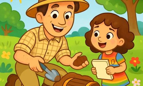 Um arqueólogo, Miguel, está no centro da imagem, com um grande sorriso de admiração no rosto. Ele usa um chapéu de palha largo e uma camisa xadrez, com calças de lona bege. Suas mãos estão sujas de terra e ele segura uma pequena pá, pronto para descobrir um tesouro escondido. Ao lado dele, uma menina de cerca de 8 anos, com cabelos cacheados e castanhos, observa com olhos brilhantes. Ela veste um vestido colorido e segura um caderno de esboços, pronta para desenhar o que encontrarem. O cenário é um campo verdejante, cercado por árvores majestosas e flores vibrantes. O sol brilha em um céu azul claro, criando uma atmosfera alegre e luminosa. A cena principal mostra Miguel cavando o solo e descobrindo um velho baú de madeira, enquanto a menina se aproxima com entusiasmo, ansiosa para ver o que há dentro.