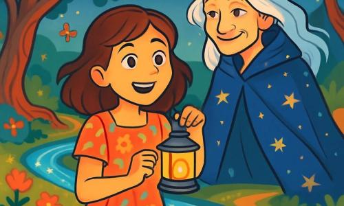 A 12-year-old girl named Mira stands by a shimmering stream, her curious eyes sparkling with wonder. She has wavy brown hair, a light floral dress, and a small glass lantern in her hands, emitting a soft golden glow. Her face shows joy mixed with excitement, as if she has just uncovered a hidden secret. Next to her, a mysterious old woman, about 70 years old, is wrapped in a starry cloak. Her silver hair floats gently in the wind, and she smiles mischievously, her eyes sparkling with wisdom. She stands slightly back, watching Mira kindly. The setting is an enchanting landscape where the stream winds between twisted trees with shimmering leaves. Colorful flowers grow along the banks, and butterflies dance around them, adding a touch of magic to the atmosphere. Fascinated by the light of her lantern, Mira stands at a crossroads, hesitating between three mysterious paths. Each trail glows with a different light, promising adventures and discoveries. The scene captures the moment when Mira must choose her path, her heart racing with excitement and anticipation.