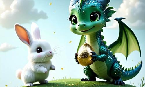 A little dragon named Flicker, with shimmering bright scales, large curious eyes, and a joyful smile, stands atop a green hill, holding a golden egg in its small paws. Beside him, Lily, an adorable white bunny with big ears and excited bright eyes, jumps for joy with her front paws raised in the air. Max, a mischievous squirrel with brown fur and a bushy tail, grins widely, holding a small basket filled with colorful treats. The setting is a sunny hill dotted with vibrant wildflowers, under a clear blue sky with fluffy clouds. In the background, the village of Willow Creek can be seen, with its colorful houses and children playing happily. The main scene shows Flicker, Lily, and Max celebrating their victory after solving the mystery of the egg, surrounded by laughter and joy, as the sun shines on their magical Easter adventure.
