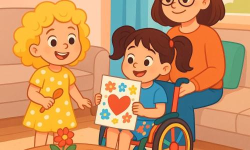 Há 3 personagens: - Lara: uma menina de 6 anos com cabelos cacheados e dourados que parecem nuvens. Ela usa um vestido amarelo com bolinhas e segura uma colher de madeira, sorrindo com olhos brilhantes. - Inès: uma menina de 6 anos com cabelos lisos e castanhos, presos em duas tranças. Ela está sentada em uma cadeira de rodas colorida, vestindo uma camiseta azul e um short de flores, segurando uma faixa de papel decorada. - A mamãe: uma mulher na casa dos trinta anos, com cabelos castanhos e óculos. Ela usa um suéter macio e uma calça confortável, sentada no sofá, com um sorriso caloroso no rosto. O cenário é uma sala iluminada e acolhedora, com paredes pintadas em tons pastéis e uma grande janela que deixa entrar a luz do sol. Uma mesa de centro de madeira está decorada com uma toalha bonita, um vaso com uma pequena flor colorida e uma faixa de papel com desenhos de crianças. Brinquedos estão espalhados sobre o tapete macio. A situação principal mostra Lara e Inès, as duas meninas, preparando uma surpresa para a mamãe para o Dia das Mães. Elas estão desenhando um cartão bonito com cores vivas e padrões alegres, enquanto a mamãe as observa com carinho, cercada pela atmosfera acolhedora da casa.
