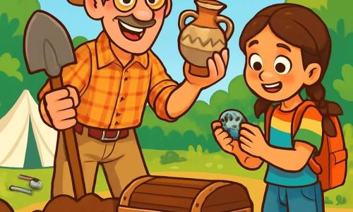 A man, Professor Max Stone, is at the center of the image, with a wide enthusiastic smile and sparkling curious eyes. He wears a straw hat, a checkered shirt, and beige pants, holding a shovel in one hand and an ancient artifact in the other. Next to him is a 10-year-old girl, Lily, with brown braided hair, marveling at a small silver brooch she holds in her hands. She is dressed in a colorful t-shirt and denim shorts, weighed down by her backpack filled with archaeology tools. In the background, the archaeological dig site is surrounded by lush greenery, with white tents, scattered tools on the ground, and a bright blue sky. The main scene shows Max and Lily excitedly about to open an ancient wooden chest, half-buried in the ground, surrounded by dirt and roots.