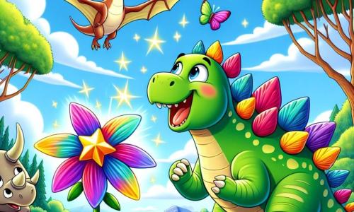 Un pequeño estegosaurio llamado Estego, con un cuerpo verde brillante y placas coloridas que brillan bajo el sol, expresa gran alegría saltando cerca de una hermosa flor mágica que brilla como una estrella. A su lado, un pterodáctilo llamado Ptero, con alas multicolores y una sonrisa radiante, vuela ligeramente sobre él, admirando la flor. Un poco más lejos, un triceratops llamado Trici, con tres grandes cuernos y piel beige, mira con asombro, sus ojos brillando de felicidad. La escena se desarrolla en un claro verde rodeado de grandes árboles y flores brillantes, bajo un cielo azul con nubes blancas. En el centro de la ilustración, Estego, Ptero y Trici celebran juntos el descubrimiento de la flor mágica, mientras mariposas de colores danzan a su alrededor, añadiendo un toque de magia a esta hermosa aventura.