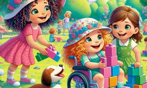 Tres chicas están reunidas en un parque soleado. Lila, una niña de 8 años con cabello rizado y colorido, está agachada a la izquierda, sosteniendo un bloque de construcción rosa. A su derecha, Sofía, una niña de 7 años con un gran sombrero de flores, sonríe mientras sostiene un bloque azul. Finalmente, Ana, una niña de 9 años en una silla de ruedas, está en el centro, levantando los brazos con una gran sonrisa, sosteniendo un bloque verde que un perrito travieso dejó caer. El parque está lleno de flores coloridas, árboles verdes y un cielo azul brillante. Al fondo, se ven niños jugando y pájaros cantando, creando una atmósfera alegre y animada. Las tres amigas están construyendo una gran torre de bloques, pero un perrito travieso acaba de hacer caer uno de los bloques, lo que las hace reír a carcajadas. Lila, Sofía y Ana están listas para reiniciar su construcción, llenas de energía y buen humor.