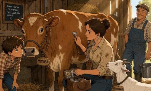 Veterinária de ~35 anos, cabelos castanhos apanhados em coque, bata bege suja e expressão calma e concentrada, agachada junto a uma grande vaca marrom chamada Mimosa enquanto ausculta seu flanco com um estetoscópio e segura uma pequena nécessaire de couro; ao lado esquerdo, o menino Tomás de 11 anos, cabelos despenteados e olhar curioso, observa atento com as mãos nos joelhos; ao fundo à direita, o agricultor Álvaro, ~60 anos, pele enrugada, boné gasto, jardineira e botas enlameadas, sorri aliviado segurando um balde junto à porta do celeiro; perto do box, a cabra Branquinha, branca e travessa com uma pata levemente avermelhada, busca atenção; interior do celeiro com luz dourada da manhã filtrando pelas fendas de madeira, poeira visível, fardos de feno, ferramentas e piso de terra e palha; cena calorosa e realista de atendimento veterinário, cuidado rural e proximidade entre profissionais, família e animais.