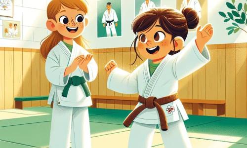 In un dojo luminoso, due bambine si allenano nel judo. Mia, una ragazza di 8 anni con lunghi capelli castani e occhi brillanti, indossa un kimono bianco e sorride con entusiasmo mentre si esercita in un movimento di judo, concentrata sulla sua tecnica. Accanto a lei, Sara, una ragazza di 9 anni con capelli biondi corti e lentiggini, indossa anche un kimono bianco e applaude Mia con un grande sorriso, incoraggiandola a continuare. Il dojo è decorato con tatami verdi e pareti in legno chiaro, con manifesti di campioni di judo appesi. La luce del sole filtra dalle finestre, creando un'atmosfera calda e accogliente. La scena mostra Mia che riesce in un movimento di judo, sollevando le braccia in segno di vittoria, mentre Sara applaude con gioia. L'atmosfera è piena di energia e amicizia, illustrando l'importanza di aiutarsi e divertirsi insieme nello sport.