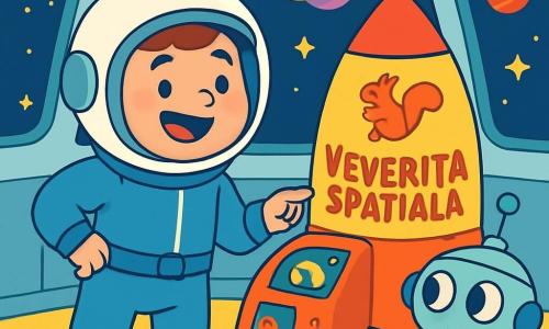 Un bărbat pe nume Doru, purtând o cască de astronaut strălucitoare și un costum spațial albastru, zâmbește cu entuziasm. El stă lângă naveta sa spațială, Veverița Spațială, decorată cu modele de veverițe și culori vii. Lângă el, un robot numit Lili, cu ochi rotunzi și brațe articulate, pare curios și pregătit să ajute, stând puțin în spate. Decorul este o stație spațială plutitoare, înconjurată de stele strălucitoare și planete colorate, cu feronerie transparentă care arată un cer înstelat. Doru verifică instrumentele navetei, în timp ce Lili examinează o hartă stelară, amândoi nerăbdători să înceapă aventura în necunoscutul galaxiei.