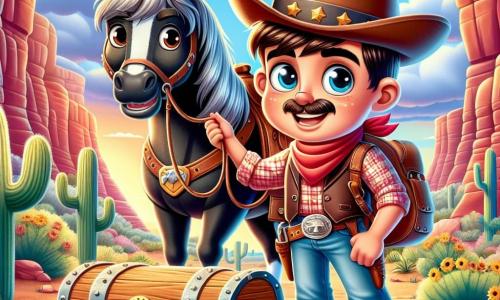 Un tânăr cowboy, Tom, un băiat de aproximativ 12 ani, cu un zâmbet larg și ochi strălucitori de curiozitate, poartă o pălărie mare de cowboy maro și o cămașă în carouri roșii. El stă în picioare, ținând o hartă într-o mână, în timp ce cu cealaltă își mângâie calul său fidel, Fulger, un cal negru magnific cu o coamă strălucitoare. Aproape de el, un șerif, Joe, un bărbat de patruzeci de ani cu o mustață groasă și o privire serioasă, observă scena cu o expresie de îngrijorare, îmbrăcat într-un veston din piele și o pălărie de cowboy. Fundalul este un canion majestuos, cu pereți de stâncă roșie și cactuși răspândiți, sub un cer albastru strălucitor presărat cu nori albi. Lumina soarelui luminează peisajul, creând umbre blânde pe solul nisipos. Situația principală îl arată pe Tom, plin de entuziasm, descoperind un cufăr vechi îngropat în pământ, înconjurat de pietre și flori sălbatice, în timp ce Fulger stă alături de el, pregătit pentru aventură.