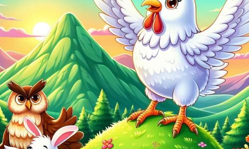 Una gallina di nome Clara, con piume bianche brillanti e occhi scintillanti di curiosità, si erge fiera in cima a una montagna, con il vento che fa danzare le sue piume. Sorride ampiamente, traboccante di gioia e orgoglio dopo aver superato le sue paure. Accanto a lei, un saggio gufo dalle piume marroni e dai grandi occhi rotondi, posato su un ramo, osserva con benevolenza, pronto a condividere la sua saggezza. Un piccolo coniglio dalle lunghe orecchie e dagli occhi furbi, di nome Pippo, salta gioiosamente attorno a loro, aggiungendo dinamismo alla scena. Lo sfondo è una magnifica montagna con pendii verdi, punteggiata di fiori colorati e che sovrasta un paesaggio incantevole, dove il sole tramonta all'orizzonte, tingendo il cielo di sfumature arancioni e rosa. La scena principale mostra Clara, la gallina coraggiosa, che celebra la sua vittoria con i suoi amici dopo aver scalato la Montagna del Coraggio, simboleggiando l'amicizia e il superamento di sé.