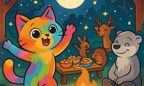 Minka, eine kleine Katze mit runden, glänzenden Augen wie Murmeln und einem schimmernden, regenbogenfarbenen Fell, tanzt fröhlich in einer von Mondlicht erleuchteten Lichtung. Ihr Gesichtsausdruck ist voller Staunen und Glück, ihre Pfoten in die Luft erhoben. Um sie herum sitzt ein alter, silberner Frettchen mit weisen Augen, der Wächter des Waldes, der warmherzig lächelt und Geschichten erzählt. Er sitzt neben einem großen Lagerfeuer, seine Pfoten übereinandergelegt, und scheint von der Magie des Moments gefesselt zu sein. Die Lichtung ist von majestätischen Bäumen mit goldenen Blättern umgeben, und Glühwürmchen funkeln wie Sterne in der Dunkelheit. In der Mitte steht ein großer Tisch mit bunten Gerichten, gefüllt mit Köstlichkeiten, während die Tiere des Waldes fröhlich darum herumtanzen. Die Szene zeigt den magischen Moment des "Sternenfestes", wo Minka und ihre Freunde gemeinsam feiern, umgeben von Lachen und Licht, und eine Atmosphäre von Freude und Freundschaft schaffen.