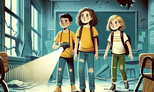 In een oude verlaten school staan drie dappere meisjes samen. Sofie, een 11-jarig meisje met krullend bruin haar, draagt een felgeel t-shirt en een gescheurde spijkerbroek, terwijl ze een zaklamp vasthoudt die hun pad verlicht. Naast haar kijkt Emma, een 10-jarig meisje met steil blond haar en een camera om haar nek, nieuwsgierig om zich heen, met opgewonden wijdopen ogen. Ten slotte staat Noor, een 11-jarig meisje met kastanjebruin gevlochten haar, iets op de achtergrond, met een bezorgde maar vastberaden uitstraling, terwijl ze de schaduwen in de donkere hoeken van de kamer observeert. Hun omgeving is een stoffige klaslokaal met gebarsten muren en borden bedekt met krijt. Houten banken liggen omgekeerd en oude boeken liggen verspreid over de vloer, terwijl een zwak licht door de gebroken ramen filtert, wat een mysterieuze en licht angstaanjagende sfeer creëert. De meisjes verkennen de school op zoek naar aanwijzingen over de vreemde gebeurtenissen die daar hebben plaatsgevonden, terwijl een mysterieuze schaduw hen vanuit de duisternis lijkt te observeren, wat een vleugje spanning aan hun avontuur toevoegt.