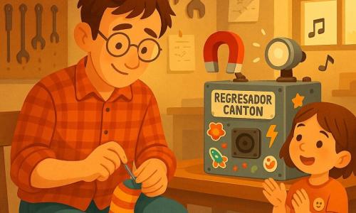Nico, con expresión concentrada y dulce, pelo castaño despeinado y gafas redondas, cose un pequeño agujero en un calcetín colorido sobre sus rodillas; Lila, de unos 7 años, con el pelo castaño corto y una pegatina en la camiseta, está de pie a su lado mirando la máquina y aplaudiendo con ternura; la máquina Regresador Cantón, bricolaje metálico decorado con pegatinas, tiene un gran imán en forma de 