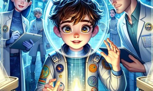 Un niño de 11 años, Lucas, con el cabello castaño alborotado y ojos brillantes de curiosidad, se encuentra en el centro de la escena, con el rostro iluminado por una sonrisa de asombro. Lleva un traje espacial ligero, adornado con parches coloridos que representan planetas y estrellas, mientras observa con fascinación un cristal brillante que emite una suave luz cálida. A su lado, Zira, una extraterrestre del planeta Zarnia, tiene la piel azul claro y grandes ojos redondos y brillantes. Se inclina hacia adelante, tocando el cristal con una intensa curiosidad. Un poco más lejos, los padres de Lucas, un hombre y una mujer de unos cuarenta años, con batas de laboratorio, intercambian miradas admirativas mientras toman notas en tabletas flotantes. La escena se desarrolla en el laboratorio principal de la estación espacial "Horizonte", un espacio futurista con paredes de vidrio transparente que ofrecen una vista espectacular del vasto espacio estrellado. Pantallas holográficas flotan alrededor, mostrando datos científicos e imágenes de la Tierra. Lucas, Zira y sus padres están reunidos alrededor del cristal misterioso, todos cautivados por su brillo. La atmósfera está llena de emoción y descubrimiento, mientras trabajan juntos para entender los secretos que este cristal podría revelar.
