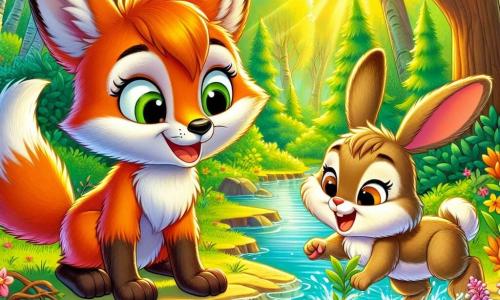 A clever little fox named Felix, with bright orange fur and a bushy tail with a white tip, stands at the edge of a sparkling river, his face expressing joyful curiosity. He attentively watches the clear water, where a few colorful fish are starting to reappear, his eyes sparkling with excitement. Next to him, a rabbit named Lily, with soft brown fur and upright ears, hops joyfully, her face lit up by an enthusiastic smile. She holds a small branch in her front paws, ready to help with tree planting. The setting is a lush forest filled with tall trees with vibrant leaves, colorful flowers, and sunlight filtering through the branches, creating a warm and welcoming atmosphere. The scene shows Felix and Lily celebrating the return of fish to the river, surrounded by small saplings they have planted, symbolizing hope and the rebirth of their ecosystem.