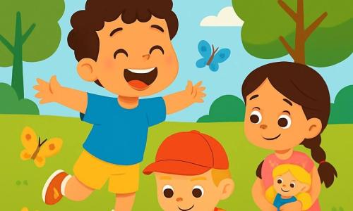 Un băiat de 4 ani, Andrei, cu părul brun și creț, zâmbind fericit, aleargă printr-un parc însorit, cu brațele deschise ca și cum ar zbura. Poartă un tricou albastru aprins și o pereche de pantaloni scurți galbeni, iar fața lui exprimă o bucurie imensă și excitație. Lângă el, Alex, un băiat de 4 ani cu părul blond și drept, stă pe iarba verde, concentrat pe desenul său cu fluturi colorați într-un caiet mare. Poartă o șapcă roșie și un tricou cu dungi. Maria, o fetiță de 4 ani cu părul lung brun împletit, stă lângă Alex, ținând o păpușă în brațe. Zâmbește și privește cu admirație desenul lui Alex, purtând o rochie roz cu flori. Parcul este plin de flori strălucitoare, copaci mari verzi și un cer albastru deschis presărat cu nori albi pufoși. Fluturi colorați zboară în jurul lor, adăugând magie scenei. Situația principală arată cum Andrei aleargă fericit, în timp ce Alex și Maria se distrează creând o poveste împreună, ilustrând prietenia și toleranța prin diferențele lor.