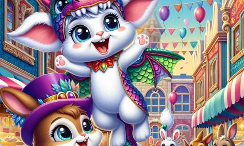 Un giovane coniglietto dai peli bianchi e dalle grandi orecchie curiose, vestito con un costume da drago colorato con squame brillanti, vola gioiosamente nell'aria, sorridente e meravigliato dalla magia del carnevale. Accanto a lui, una coniglietta marrone con un cappello a cilindro viola, gli occhi scintillanti di eccitazione, applaude e ride guardandolo, mentre si trova nella piazza animata. Il luogo è una piazza centrale vibrante di Conigliolandia, decorata con festoni colorati, palloncini fluttuanti e stand di dolci, dove i coniglietti ballano e si divertono. La scena principale mostra il coniglietto in volo, circondato da un'atmosfera festosa, mentre gli altri coniglietti ammirano la sua incredibile performance, creando un'immagine gioiosa e magica.