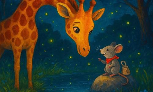 Una giovane giraffa slanciata dal collo lunghissimo con macchie color miele e rame, sguardo dolce mentre inclina il collo per contemplare il proprio riflesso nell'acqua, lieve sorriso e postura calma sulle zampe sottili sull'erba bagnata al bordo di un lago; una piccola topo grigio di nome Mila, baffi sottili e occhi vivaci, su una grande pietra in riva che agita una zampa come per chiamare la giraffa, con un piccolo foulard rosso e una minuscola borsa di tela accanto; radura notturna illuminata da lucciole gialle e verdi, lago speculare che riflette stelle e lucciole, sponde fiorite di blu e erbe argentate, alberi dai tronchi torsati e foglie traslucide, alcuni funghi luminosi in primo piano; atmosfera dolce e magica, colori caldi per la giraffa e toni freddi per l'acqua e le lucciole, pennellate visibili e texture acrilica ricca, composizione centrata sul rapporto tra giraffa e topo, campo medio ravvicinato con lieve controplongée per valorizzare il collo.