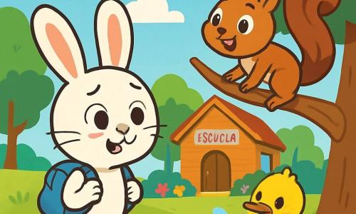 Un pequeño conejito blanco, Leo, con grandes orejas y una pequeña mochila azul, mira a su alrededor con ojos redondos y curiosos, una sonrisa nerviosa en el rostro. A su lado, una ardillita marrón con una cola esponjosa, los ojos brillantes de emoción, trepa por una rama de árbol, lista para saltar. Un patito amarillo, con plumas suaves, nada alegremente en un pequeño charco, salpicando agua a su alrededor. Al fondo, una escuela de madera, rodeada de árboles verdes y flores coloridas, con un cielo azul claro y nubes esponjosas. La escena muestra a Leo y sus nuevos amigos conociéndose por primera vez, llenos de emoción y anticipación por su primer día de escuela.