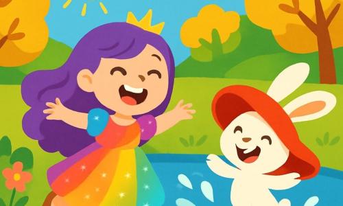 Una principessa gioiosa, di nome Lilla, con lunghi capelli ondulati di colore viola, indossa un abito scintillante che cambia colore, brillando come un arcobaleno. Ride di gusto, con gli occhi pieni di felicità, mentre danza a bordo di un laghetto. Accanto a lei, un coniglietto dispettoso di circa 5 anni, con un grande cappello rosso che gli copre gli occhi, salta allegramente, spruzzando acqua attorno a loro. Ha un pelo bianco e morbido, e il suo sorriso è contagioso. Il laghetto è circondato da fiori multicolori e alberi con foglie dorate, sotto un cielo blu splendente. I raggi di sole filtrano tra i rami, creando riflessi scintillanti sull'acqua. La scena principale mostra Lilla e il coniglietto che danzano insieme, spruzzando acqua mentre le sirene che li circondano cantano e ridono, creando un'atmosfera di gioia e magia in questo regno incantato.