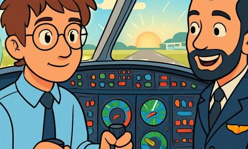 Un pilota, Lorenzo, è seduto nella cabina di pilotaggio di un aereo, con un'espressione di concentrazione e serenità. Ha i capelli castani leggermente spettinati, occhiali rotondi e indossa una camicia blu con una cravatta nera. Le sue mani sono posate sul volante, pronto al decollo. Accanto a lui, Amir, un giovane di circa 30 anni con capelli neri e barba ben curata, consulta strumenti di volo con un sorriso fiducioso, indossando una giacca da pilota e guardando Lorenzo con ammirazione. La cabina è piena di luci lampeggianti, strumenti colorati e un grande oblò che mostra un cielo blu punteggiato di nuvole bianche. Sullo sfondo si intravede la pista d'atterraggio, circondata da vegetazione e edifici aeroportuali. La scena principale mostra Lorenzo e Amir pronti al decollo, con un palpabile senso di eccitazione nell'aria, mentre il sole sorge all'orizzonte, illuminando la scena con una dolce luce dorata.
