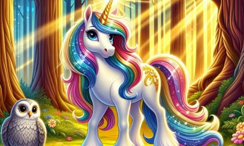 In een betoverende open plek staat een prachtige eenhoorn genaamd Luna trots. Ze heeft een glinsterende manen in regenboogkleuren, ogen die stralen als sterren en een gouden hoorn die een zachte gloed uitstraalt. Luna toont een duidelijke vastberadenheid en moed, klaar om haar magische wereld te beschermen. Dichtbij observeert een oude wijze uil, met grijze veren en ronde, doordringende ogen, de scène. Hij zit op een tak, zijn vleugels iets uitgespreid, klaar om Luna advies te geven. De achtergrond is een dichte bos, waar grote bomen met knoestige stammen naar de lucht rijzen. Zonne-stralen filteren door het loof en verlichten de open plek met een gouden licht. Kleurrijke bloemen bedekken de grond, wat een vleugje magie aan de omgeving toevoegt. De hoofd situatie toont Luna die staat tussen de open plek en een dreigende schaduw die nadert, klaar om het hart van het bos te verdedigen tegen gevaar. De spanning is voelbaar, maar het licht van haar hoorn straalt fel, wat de hoop en de magie symboliseert die in de vallei wonen.