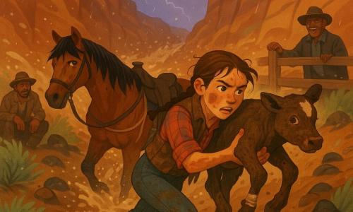 Mae, a determined, wet-faced teenage girl with braided brown hair and mud-smudged skin, hoists a small brindle calf with a white ear tip into a sling while panting on a narrow, muddy red-rock gorge trail as rain, mud and distant lightning rush behind them; nearby Juniper, a large bay horse with a wet black mane and makeshift sling gear, waits on the slippery path, Lyle (about 35) crouches a few meters back by an extinguished fire watching warily, and Hank (about 50) stands by the corral fence relieved; scene in saturated warm rock tones and cool rainy contrasts, clear outlines, simplified detailed textures, dynamic diagonal composition focusing on Mae and the calf.