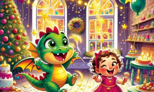 Un mic dragon numit Nino, cu solzi strălucitori verzi și obraje roșii de emoție, sare de bucurie într-o sală decorată cu baloane colorate și stele aurii. Miruna, o fetiță cu păr ondulat și o rochie roz, zâmbește larg, ținând un fursec dulce, stând aproape de Nino și ajutându-l să lipească steluțe pe geam. Sala este plină de lumini strălucitoare, cu un brad de Crăciun în colț, iar pe mese sunt platouri cu prăjituri și băuturi colorate. Nino și Miruna pregătesc cu entuziasm petrecerea de Anul Nou, umplând sala de veselie și magie.