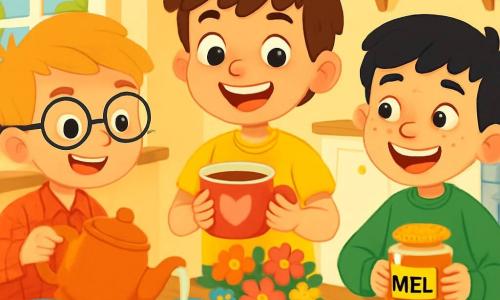 Há 3 personagens: - Tomás: um garoto de 8 anos, com cabelos castanhos bagunçados e olhos brilhantes. Ele usa uma camiseta amarela e um short azul, está no centro, sorrindo e segurando uma grande xícara de chá. - Gabriel: um garoto de 8 anos, com cabelos loiros e óculos redondos. Ele veste uma camisa de xadrez vermelha e uma calça preta, está à esquerda de Tomás, derramando chá em uma xícara. - Francisco: um garoto de 8 anos, com cabelos negros e sardas. Ele usa um moletom verde e jeans, está à direita de Tomás, segurando um pote de mel e sorrindo amplamente. O cenário é uma cozinha acolhedora, com paredes amarelas pastel. Uma grande mesa de madeira está cheia de xícaras coloridas, bolinhos e um buquê de flores frescas no centro. A luz do sol entra pela janela, iluminando o ambiente e criando uma atmosfera alegre. A cena principal mostra os três amigos preparando um chá especial para o Dia das Mães, rindo juntos, cercados de ingredientes coloridos, com uma atmosfera cheia de felicidade e cumplicidade.