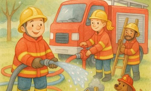 Um bombeiro, Miguel, sorridente e orgulhoso, rosto redondo, pele clara, cabelo castanho curto, veste uma grande jaqueta vermelha, botas pretas brilhantes e capacete amarelo, segurando uma grande mangueira de onde saem gotículas de água brilhantes; uma bombeira, Ana, cerca de 30 anos, cabelo loiro preso em rabo de cavalo, ajuda Miguel manipulando uma válvula ao lado do caminhão vermelho, sorri e olha para a casinha; um bombeiro, João, cerca de 30 anos, pele morena, leve barba, segura uma escada de madeira pintada atrás de Miguel perto do caminhão; o cão Bobi, pequeno e castanho de pelo curto, abana o rabo e usa um pequeno chapéu de bombeiro vermelho, sentado à direita; local: parque ensolarado com relva verde, árvores de folhas redondas, um grande caminhão de bombeiros vermelho estacionado, mangueiras coloridas desenroladas e uma pequena casinha de madeira amarela com fumaça de papel cinza simulada; situação: treino seguro — Miguel rega suavemente a casinha enquanto Ana e João apoiam e sorriem, a água forma pérolas luminosas e a atmosfera é alegre e tranquilizadora.