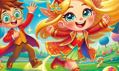 Stella Sprint, una ragazza con capelli dorati scintillanti e un grande sorriso gioioso, corre a tutta velocità in un parco incantato. Indossa un mantello rosso brillante e scarpe con ali dorate, lasciando dietro di sé una scia di luce. Accanto a lei, il suo amico Max, un ragazzo di 8 anni con occhiali rotondi e capelli castani arruffati, applaude con entusiasmo, gli occhi sgranati di ammirazione. Il parco è pieno di alberi con foglie multicolori e fiori giganti che danzano al ritmo del vento. In lontananza, un cielo blu splendente è punteggiato di nuvole a forma di caramelle. Stella si prepara a compiere un salto spettacolare, pronta a dimostrare di poter superare i suoi dubbi e diventare la supereroina che sogna di essere.